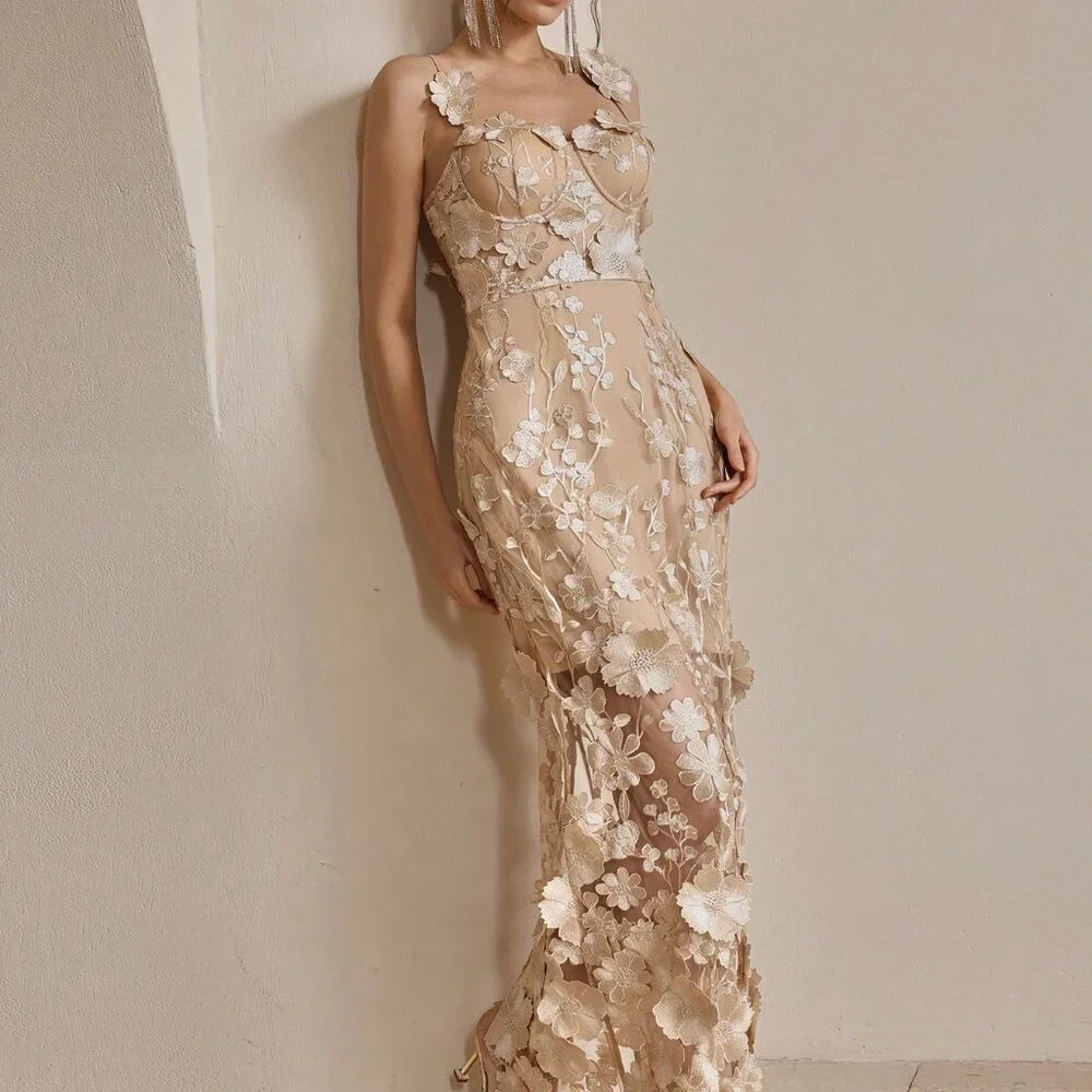 Champagne Elegant Women's French Luxury Floral Embroidery Mesh Camisole Dress
